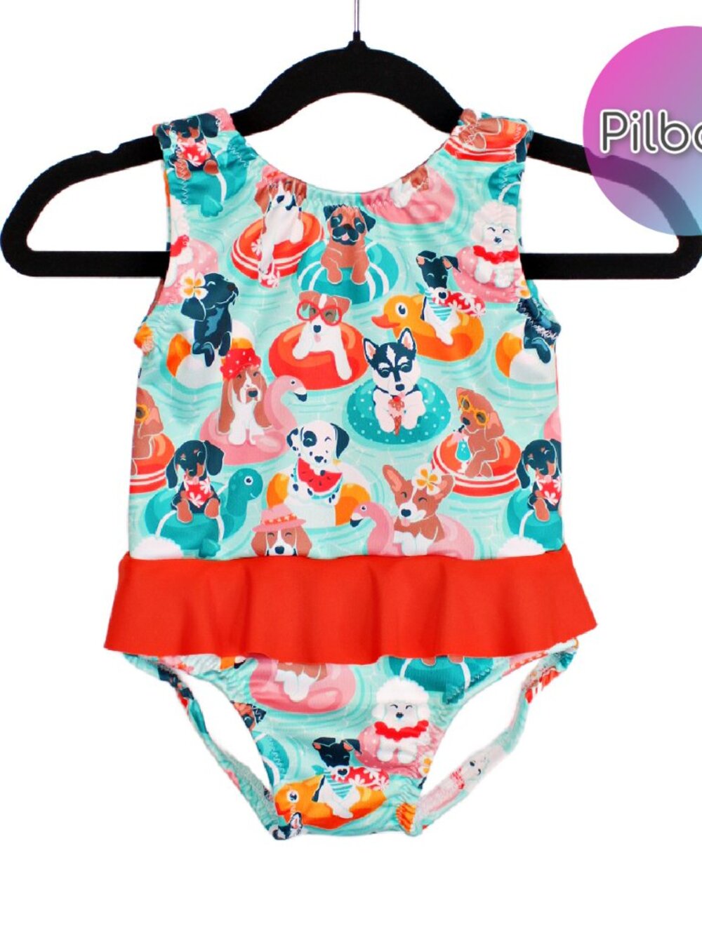 Toddler Girl Bathing Suit, 18m One Piece Ruffle Swimsuit with Cute Swimming Dogs